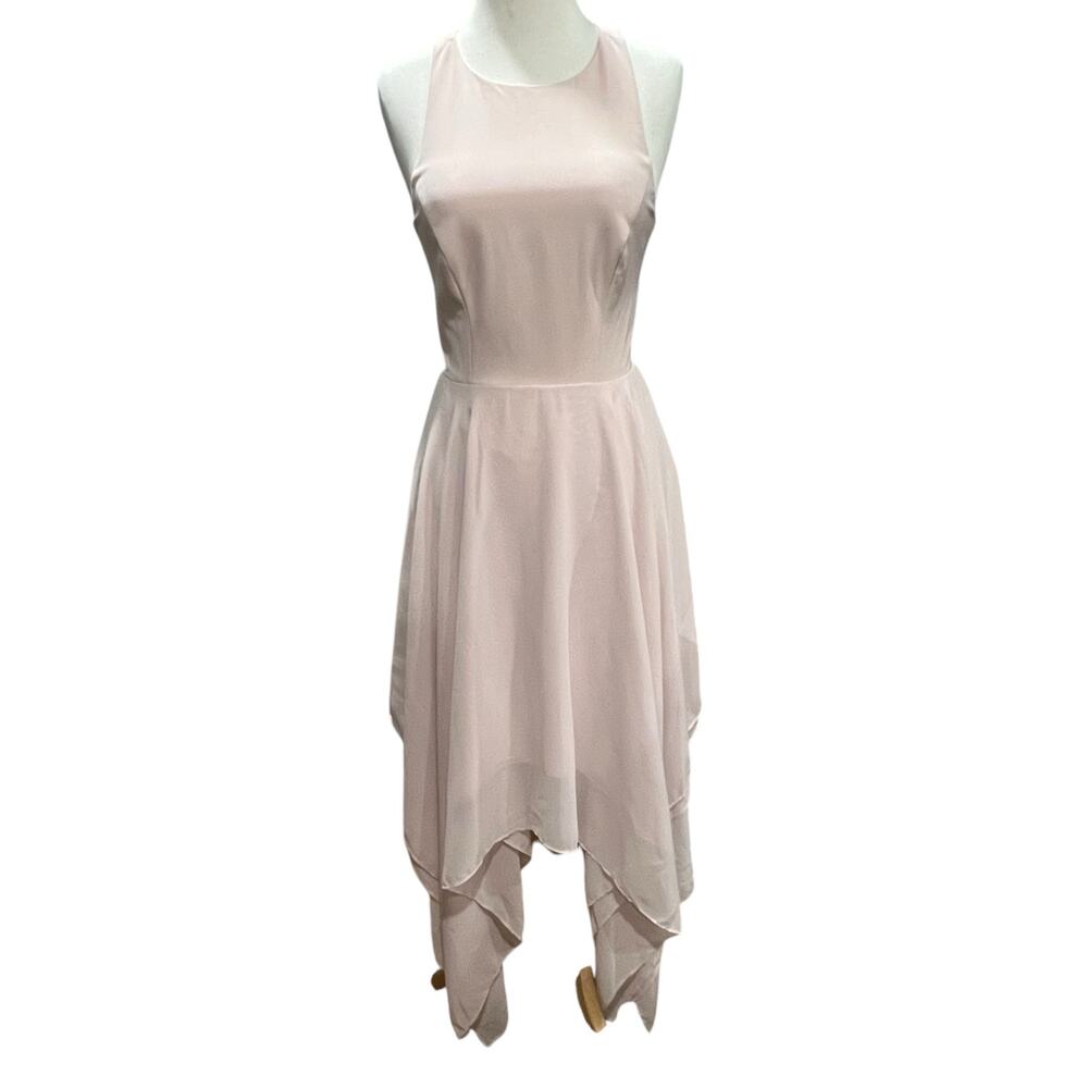 Aidan Mattox Midi Dress XS Blush Pink Asymmetrical Chiffon Ethereal Fairy Ballet